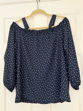 LOFT  - Cold-Shoulder Blouse  Navy & White Polka dots - Sz M